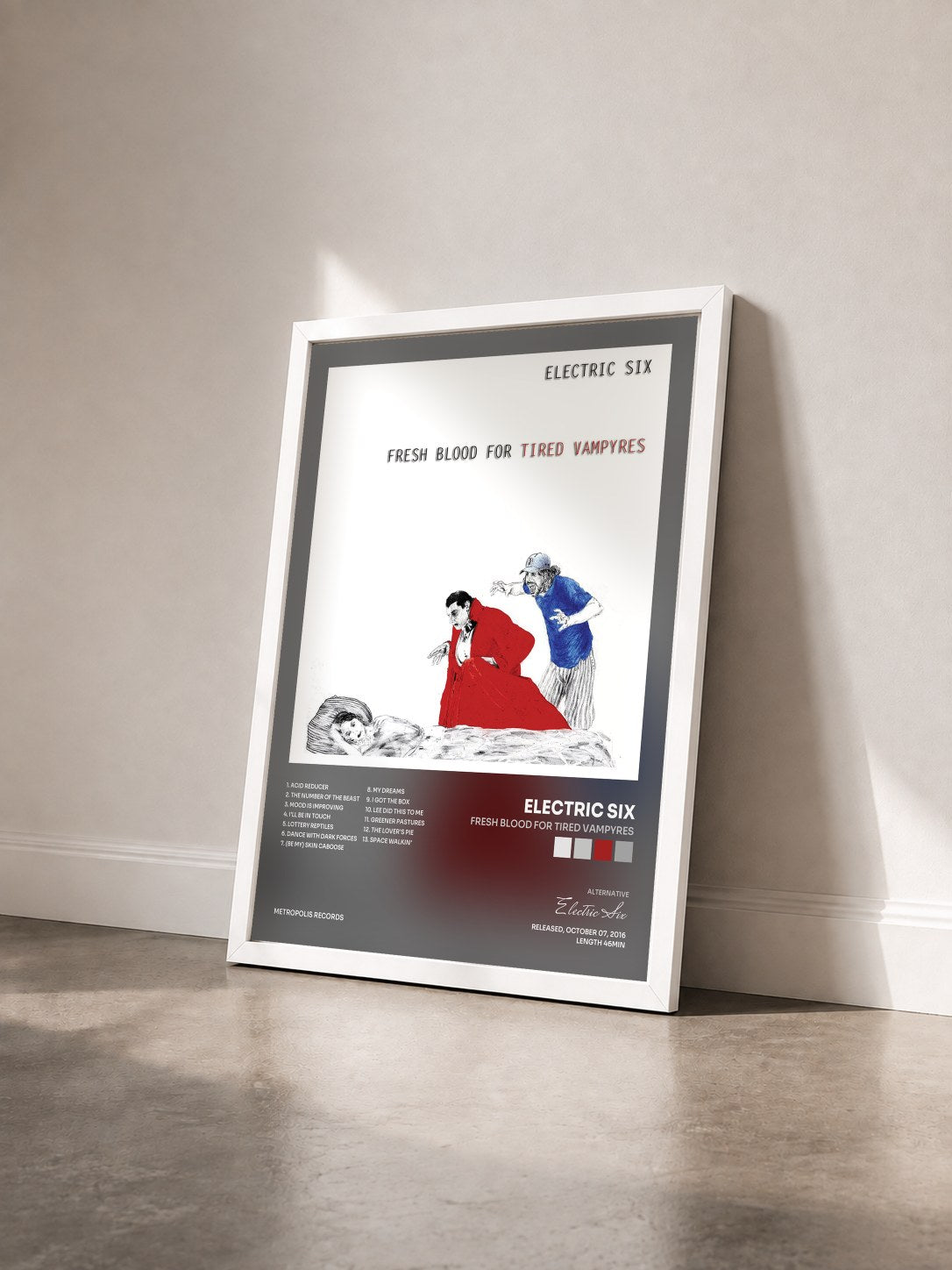 #blanc Tableau de l'album Fresh Blood For Tired Vampyres de Electric Six vu de trois quarts, cadre blanc