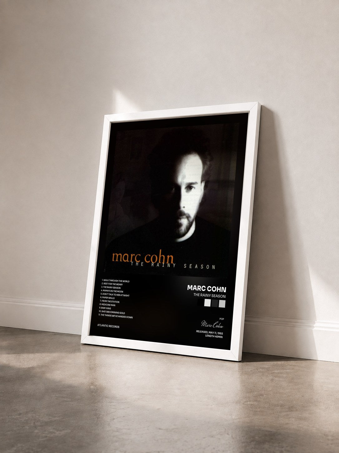 #blanc Tableau de l'album The Rainy Season de Marc Cohn vu de trois quarts, cadre blanc