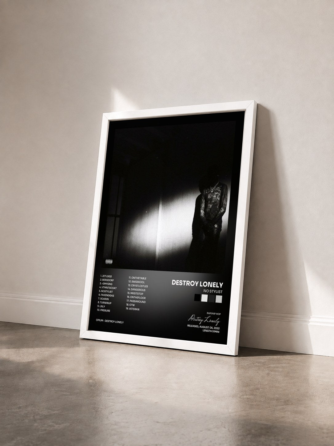 #blanc Tableau de l'album NO STYLIST de Destroy Lonely vu de trois quarts, cadre blanc