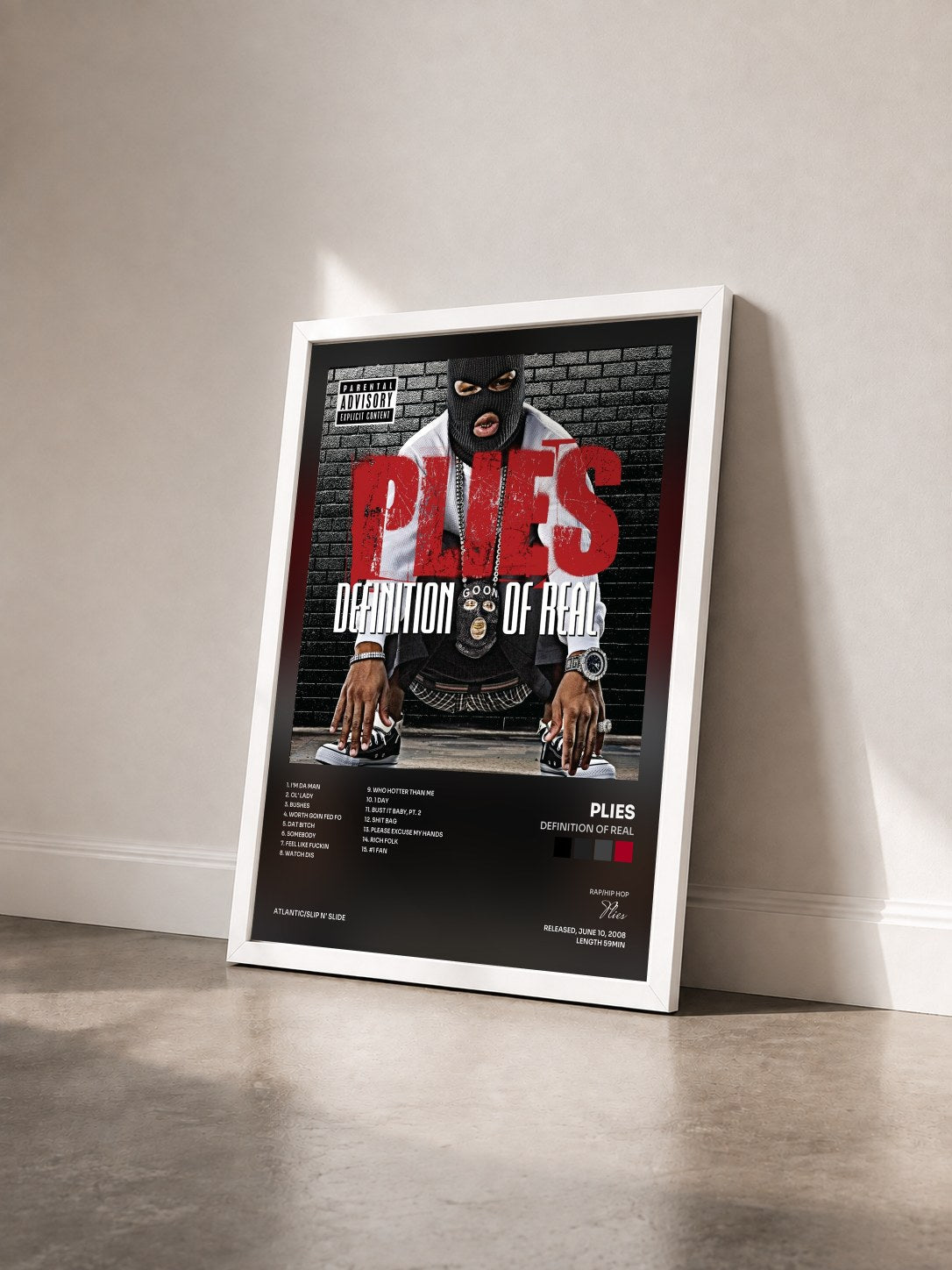 #blanc Tableau de l'album Definition of Real de Plies vu de trois quarts, cadre blanc