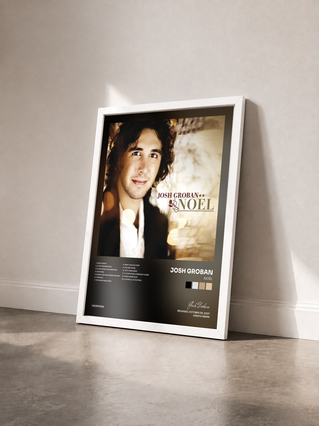#blanc Tableau de l'album Noël de Josh Groban vu de trois quarts, cadre blanc