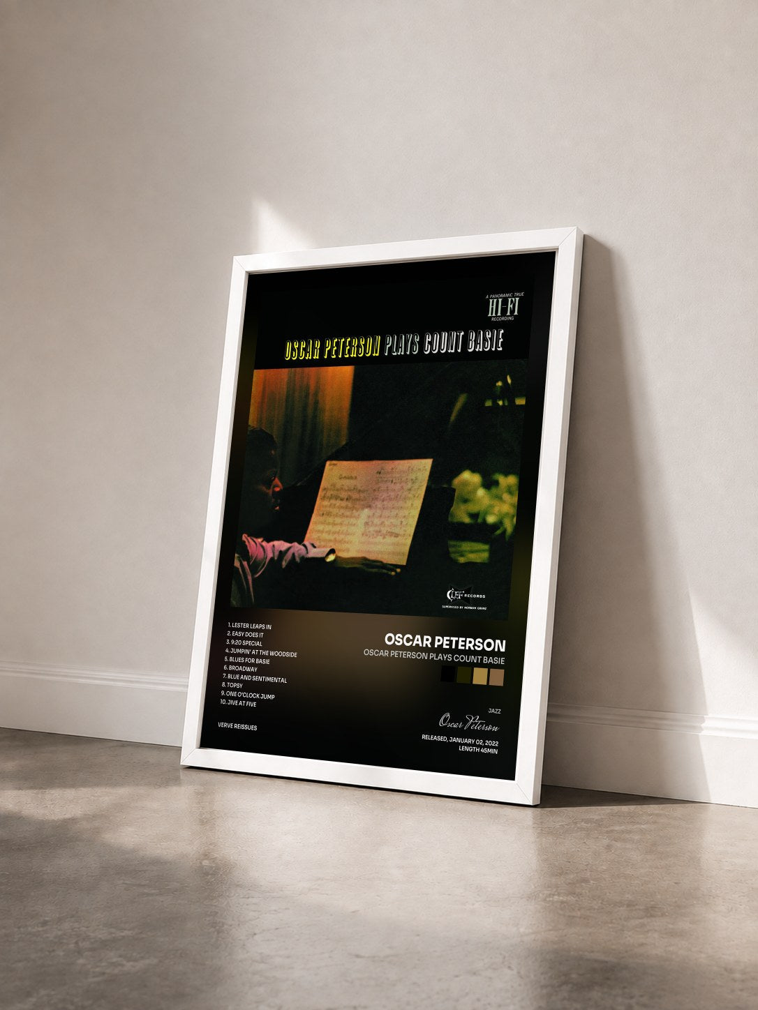 #blanc Tableau de l'album Oscar Peterson Plays Count Basie de Oscar Peterson vu de trois quarts, cadre blanc