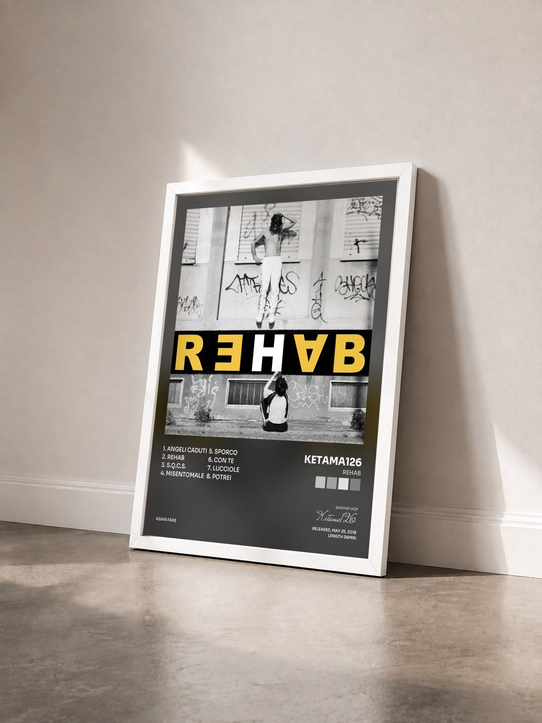 #blanc Tableau de l'album Rehab de Ketama126 vu de trois quarts, cadre blanc