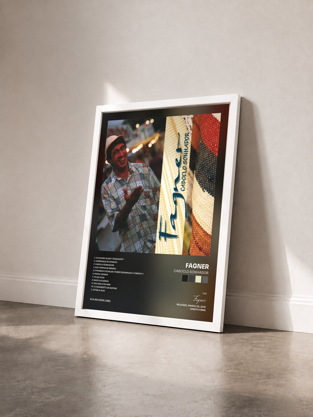 #blanc Tableau de l'album Caboclo Sonhador de Fagner vu de trois quarts, cadre blanc