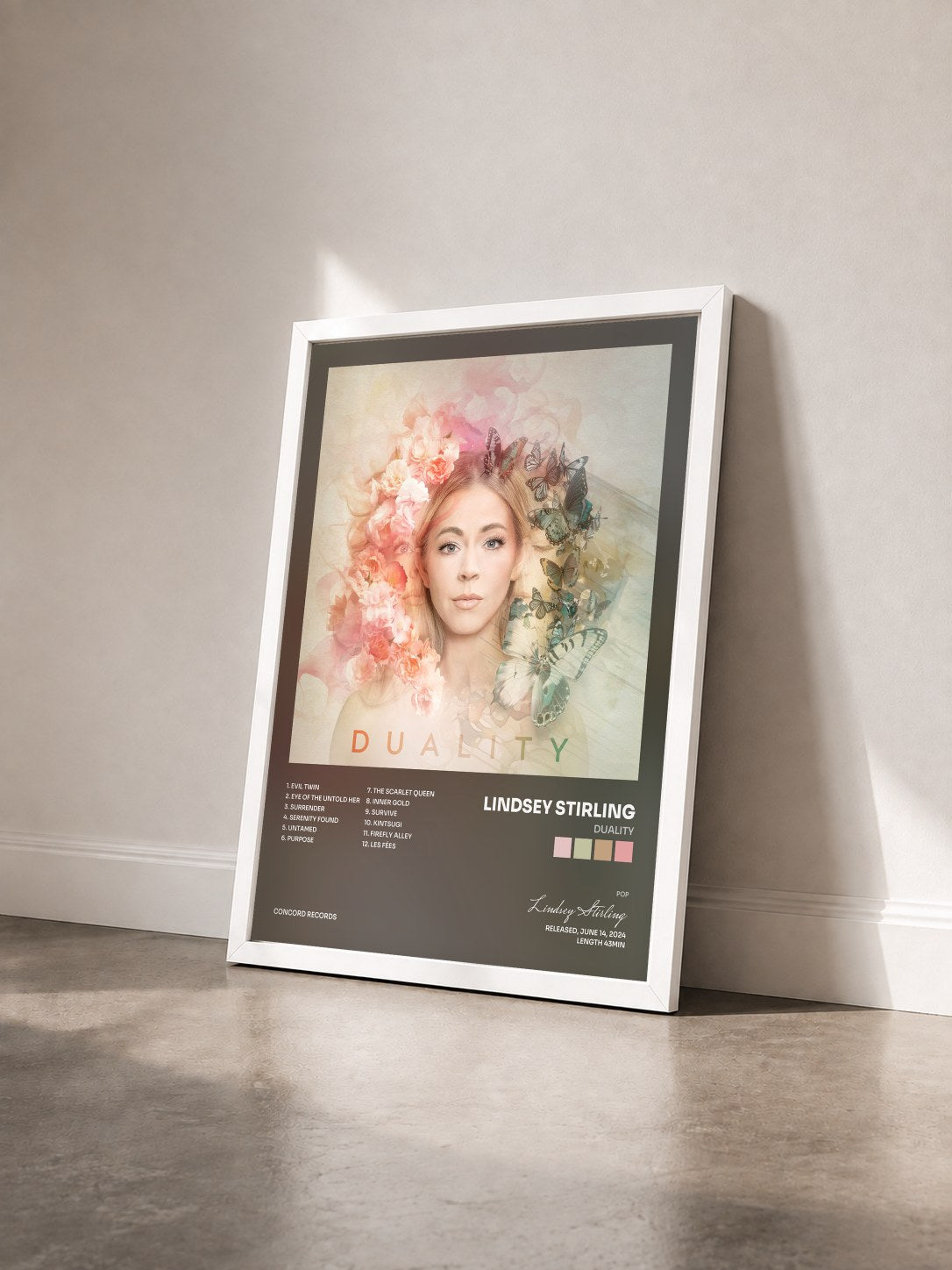 #blanc Tableau de l'album Duality de Lindsey Stirling vu de trois quarts, cadre blanc