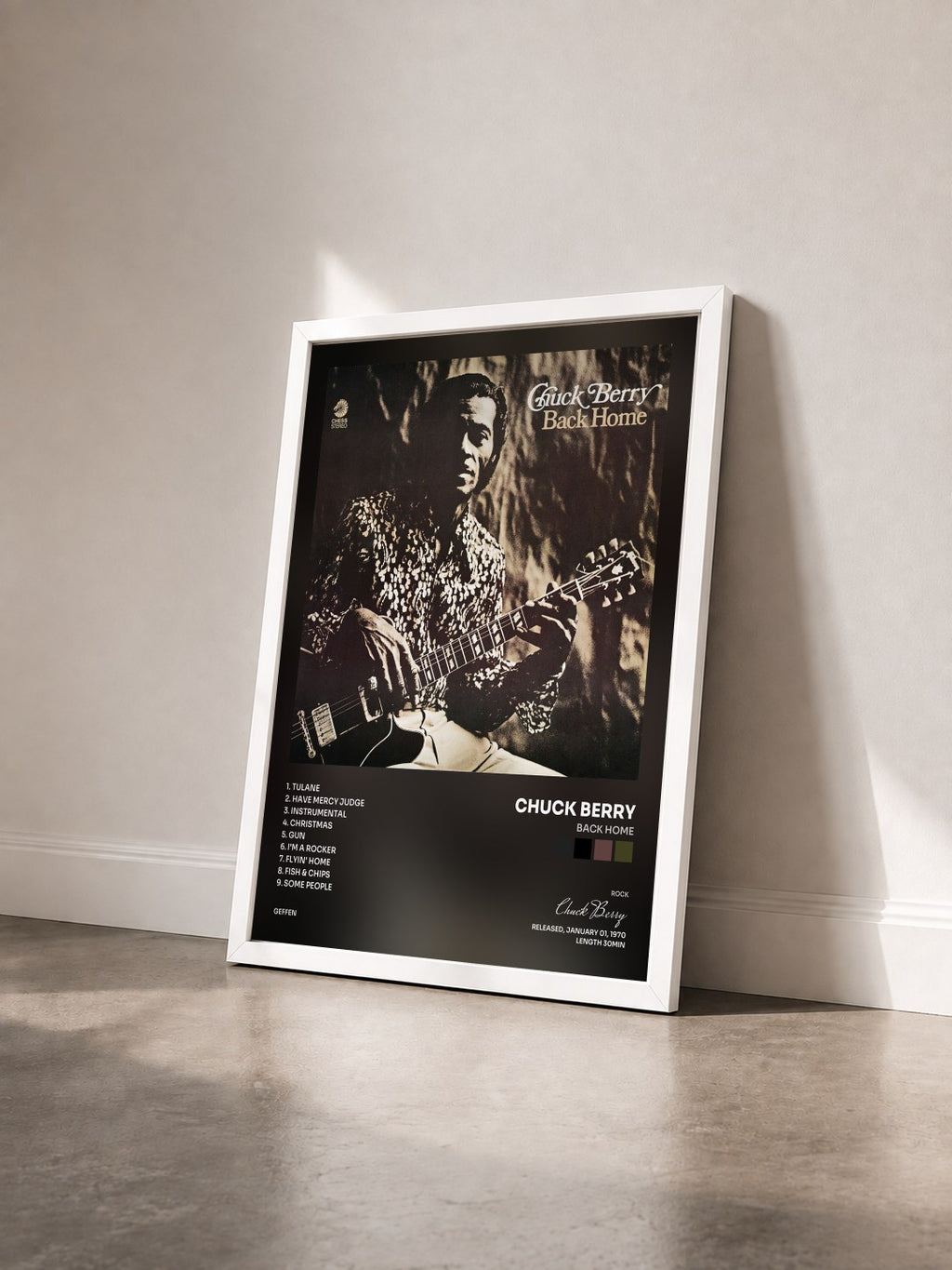 #blanc Tableau de l'album Back Home de Chuck Berry vu de trois quarts, cadre blanc