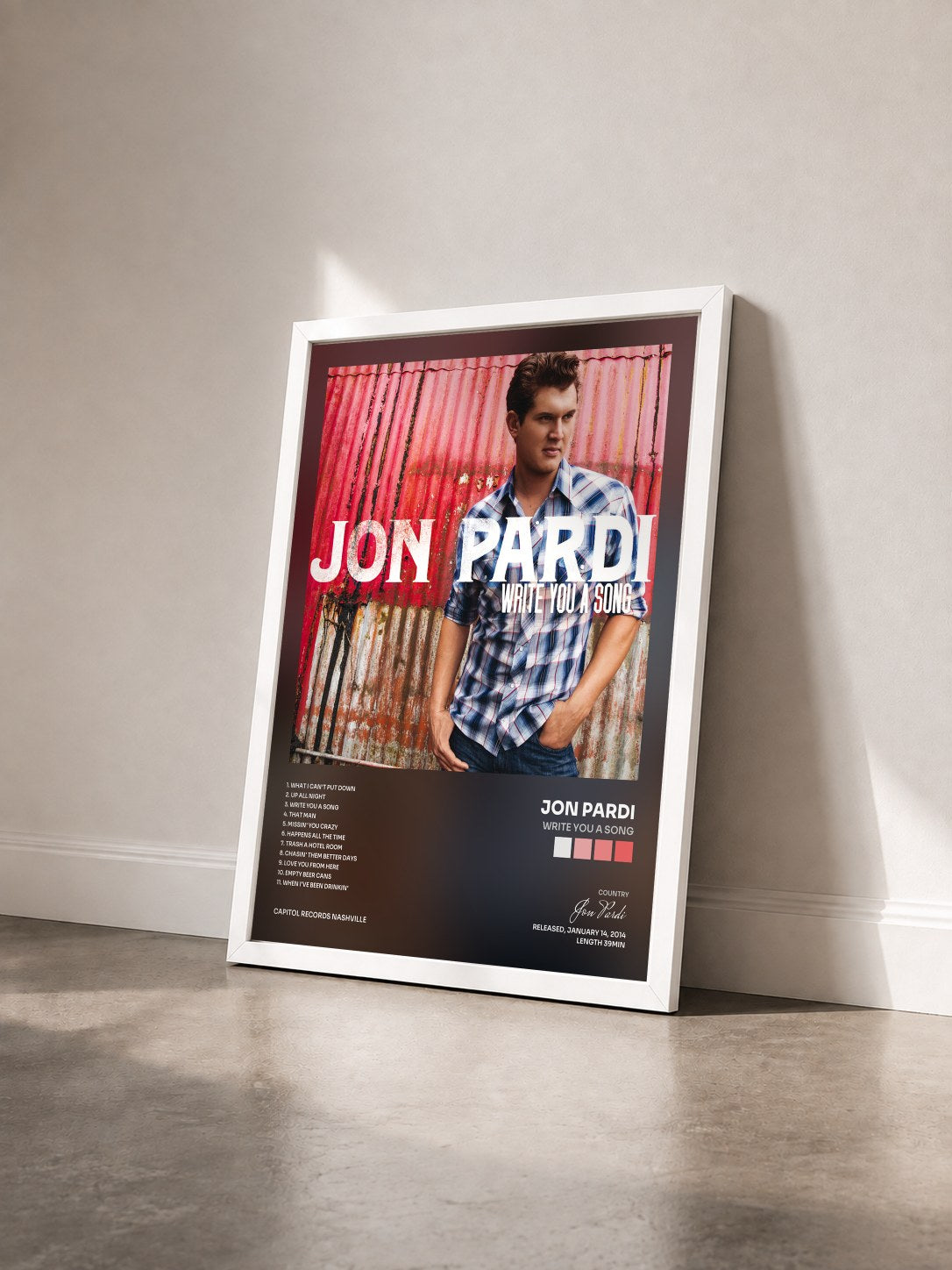 #blanc Tableau de l'album Write You A Song de Jon Pardi vu de trois quarts, cadre blanc