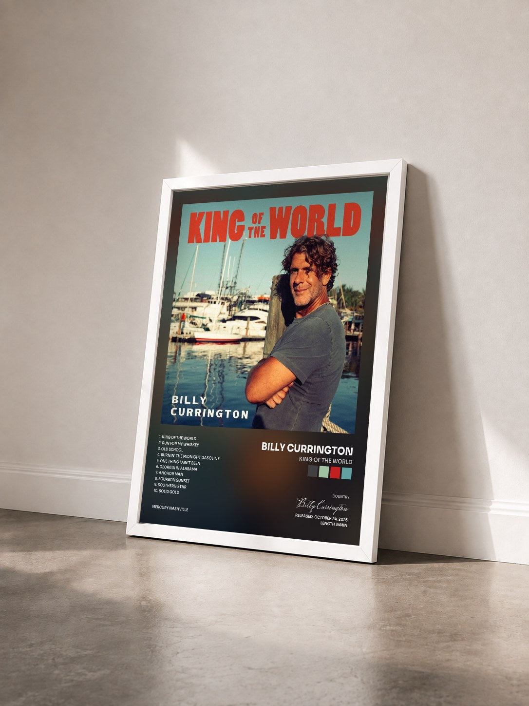 #blanc Tableau de l'album King Of The World de Billy Currington vu de trois quarts, cadre blanc