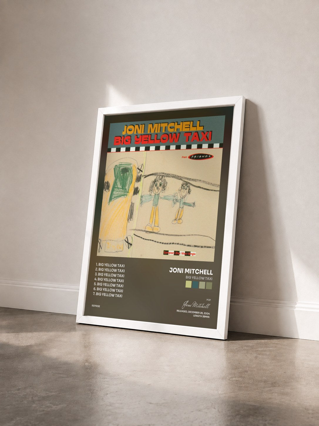 #blanc Tableau de l'album Big Yellow Taxi de Joni Mitchell vu de trois quarts, cadre blanc