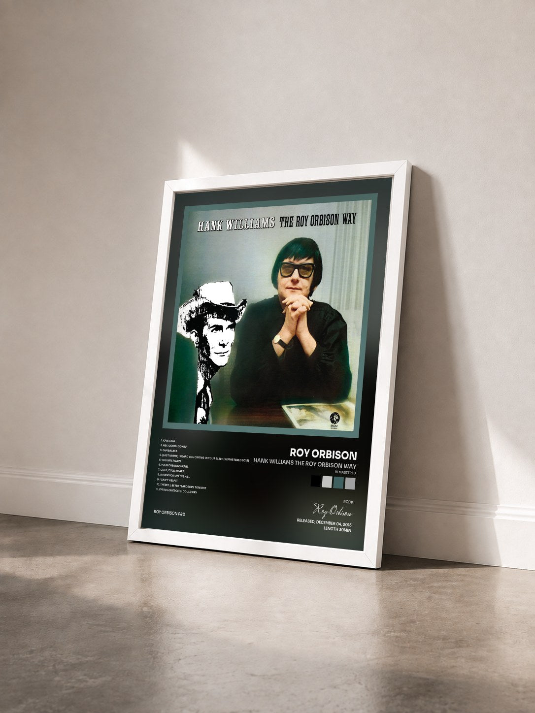 #blanc Tableau de l'album Hank Williams The Roy Orbison Way (Remastered) de Roy Orbison vu de trois quarts, cadre blanc
