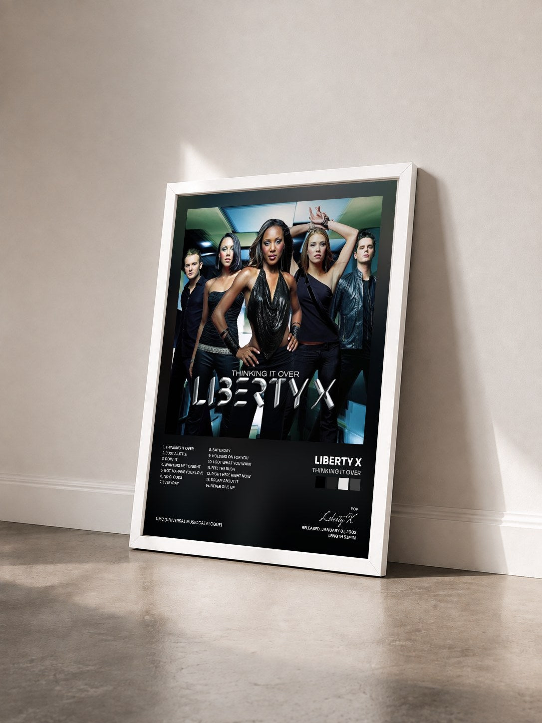 #blanc Tableau de l'album Thinking It Over de Liberty X vu de trois quarts, cadre blanc