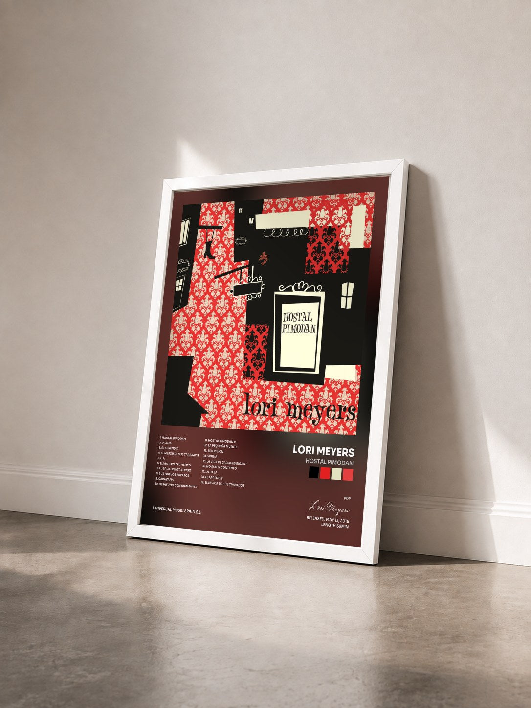 #blanc Tableau de l'album Hostal Pimodan de Lori Meyers vu de trois quarts, cadre blanc