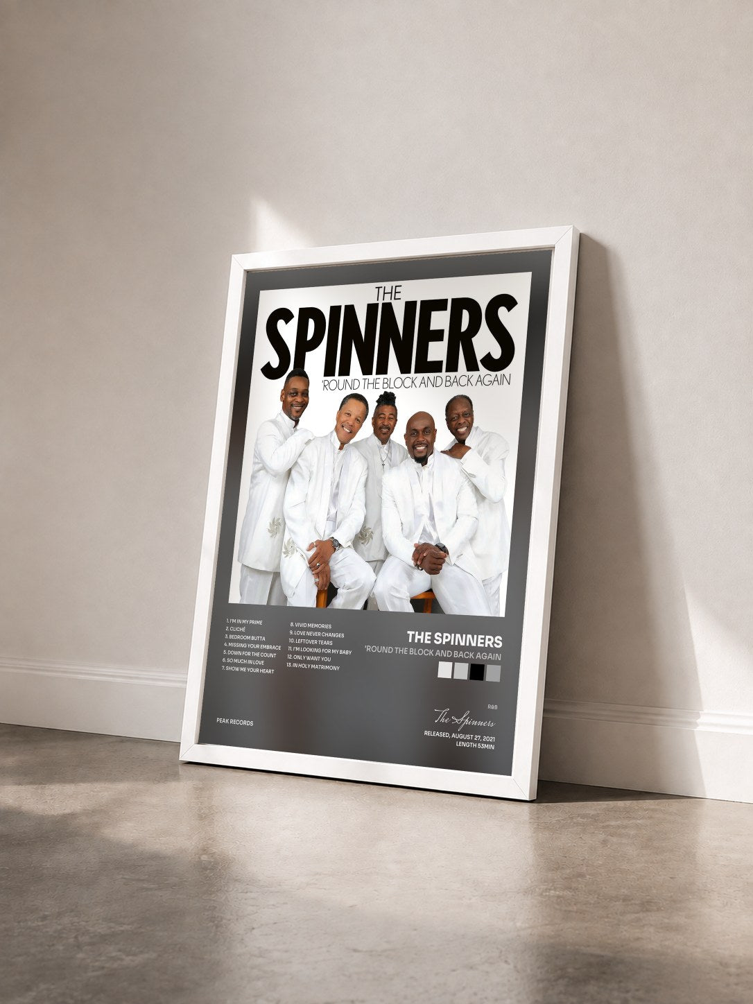 #blanc Tableau de l'album 'Round the Block and Back Again de The Spinners vu de trois quarts, cadre blanc