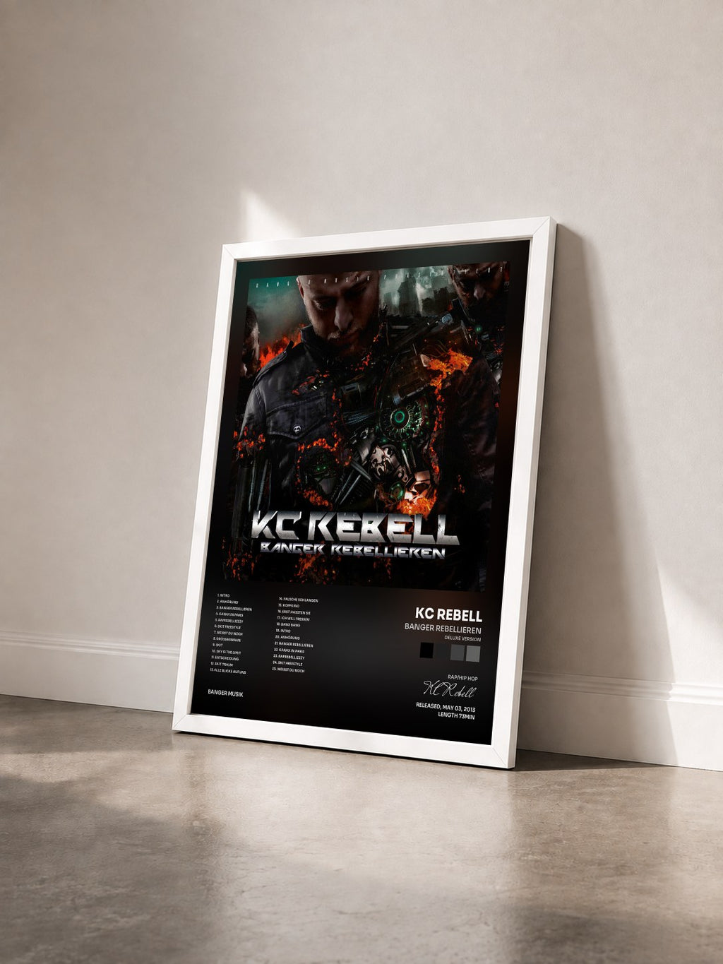 #blanc Banger Rebellieren (Deluxe Version) by KC Rebell as a framed art print seen at an angle, white frame