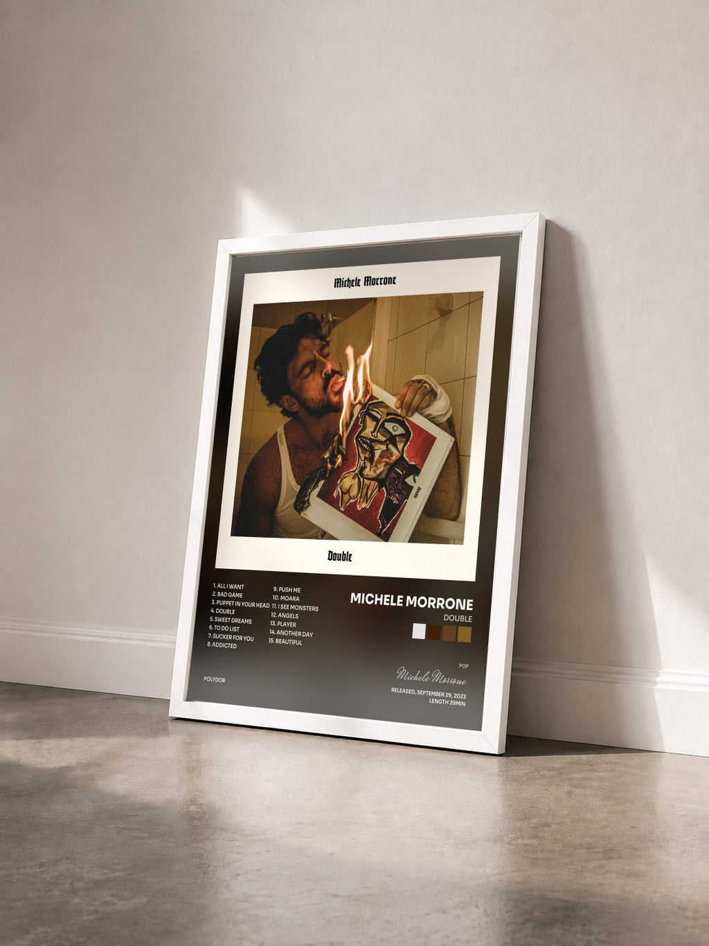 #blanc Double by Michele Morrone as a framed art print seen at an angle, white frame