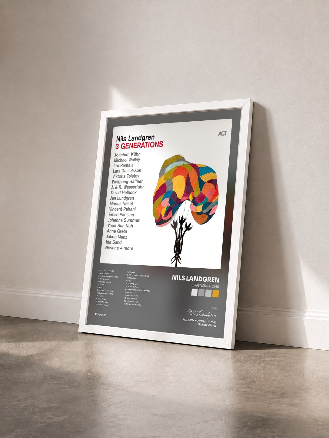 #blanc Tableau de l'album 3 Generations de Nils Landgren vu de trois quarts, cadre blanc