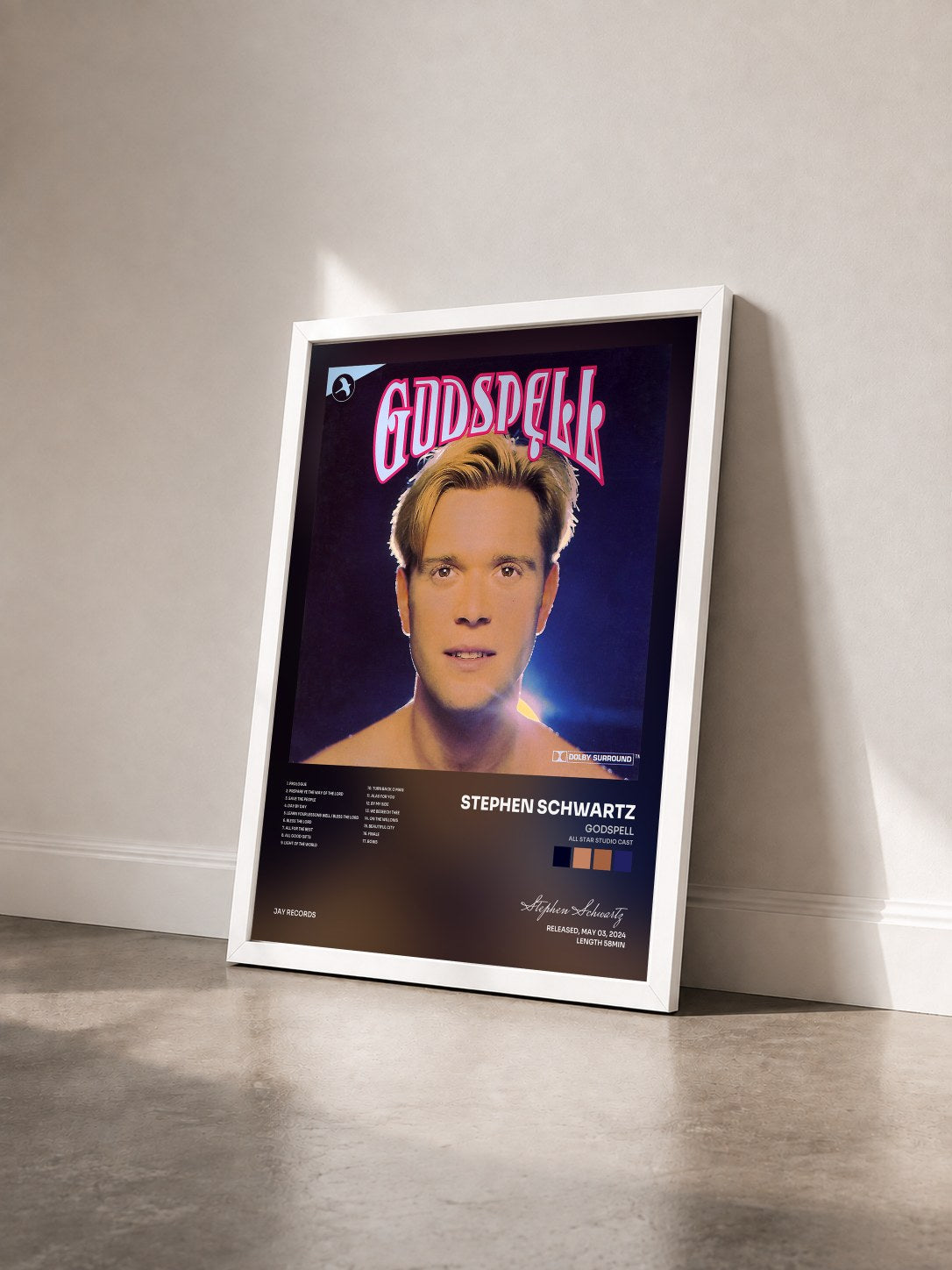 #blanc Tableau de l'album Godspell (All Star Studio Cast) de Stephen Schwartz vu de trois quarts, cadre blanc
