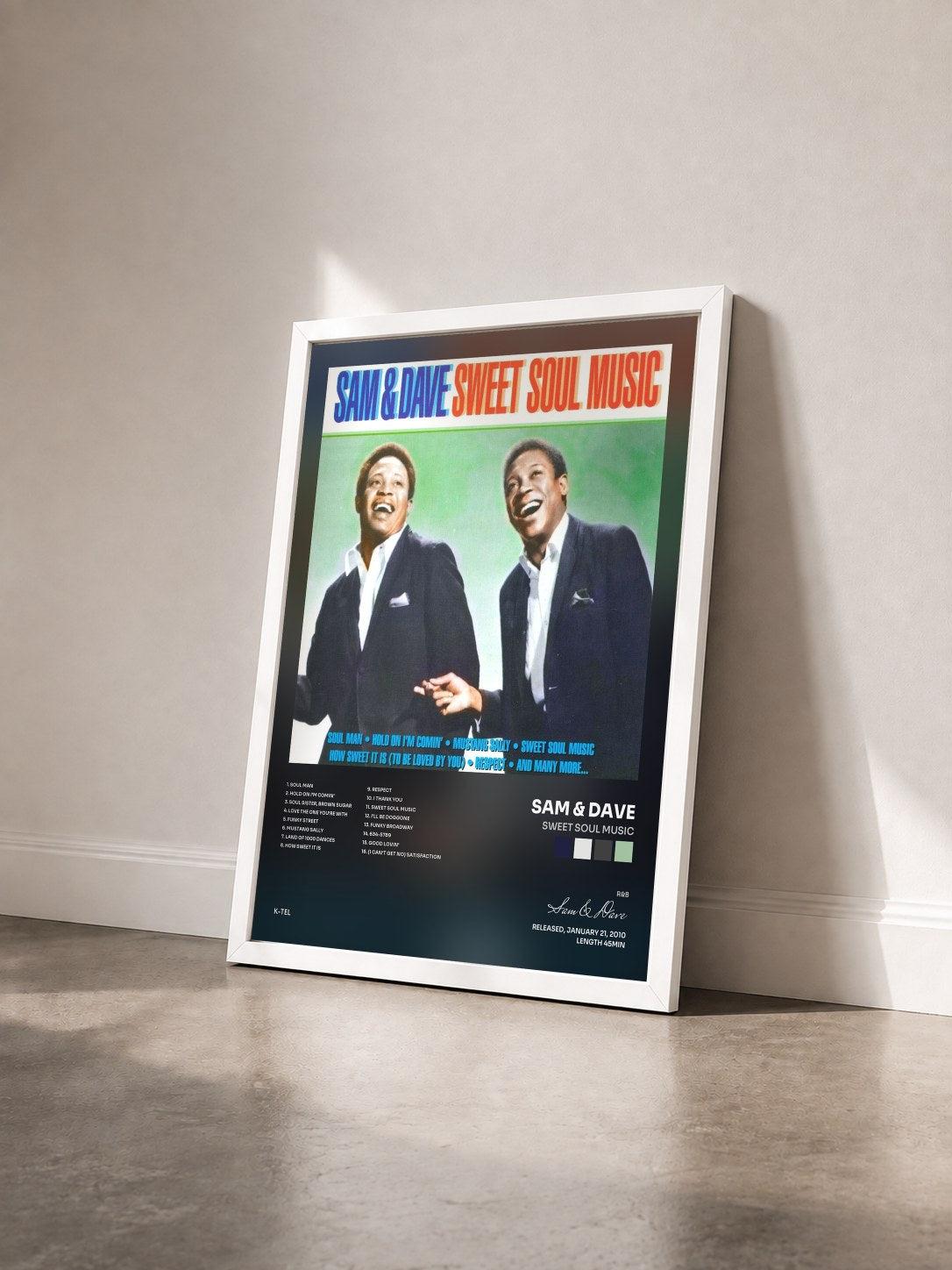 #blanc Tableau de l'album Sweet Soul Music de Sam & Dave vu de trois quarts, cadre blanc
