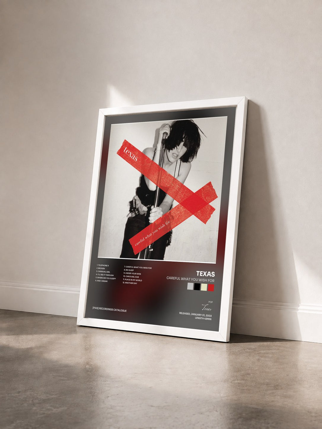 #blanc Tableau de l'album Careful What You Wish For de Texas vu de trois quarts, cadre blanc