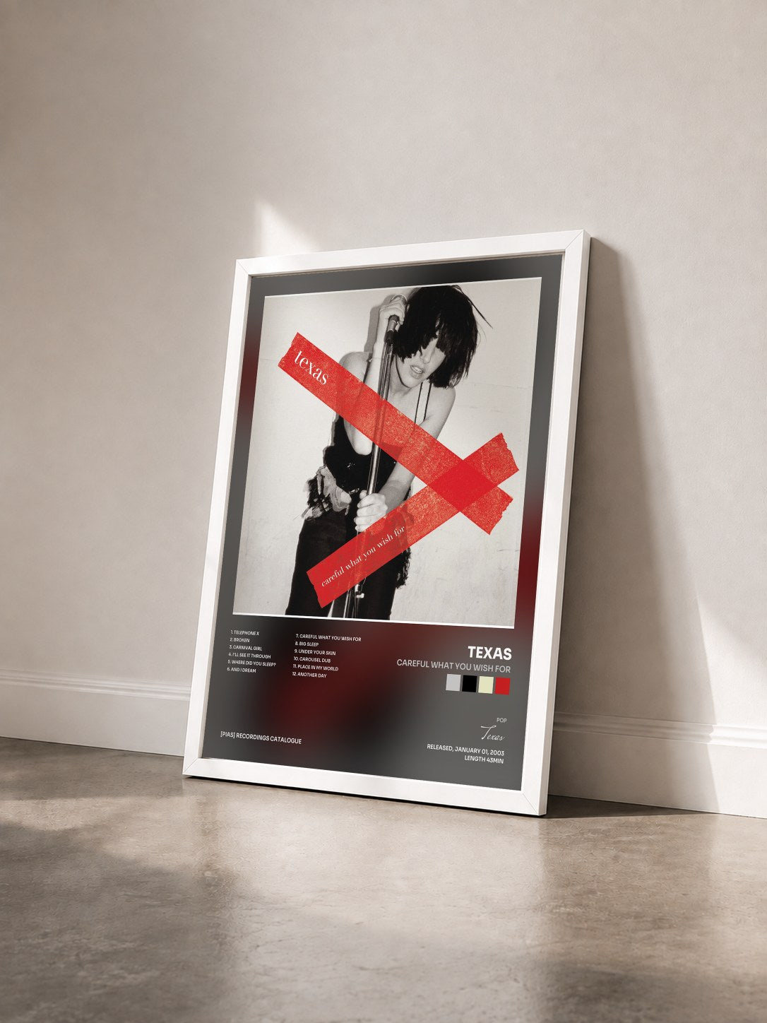 #blanc Tableau de l'album Careful What You Wish For de Texas vu de trois quarts, cadre blanc