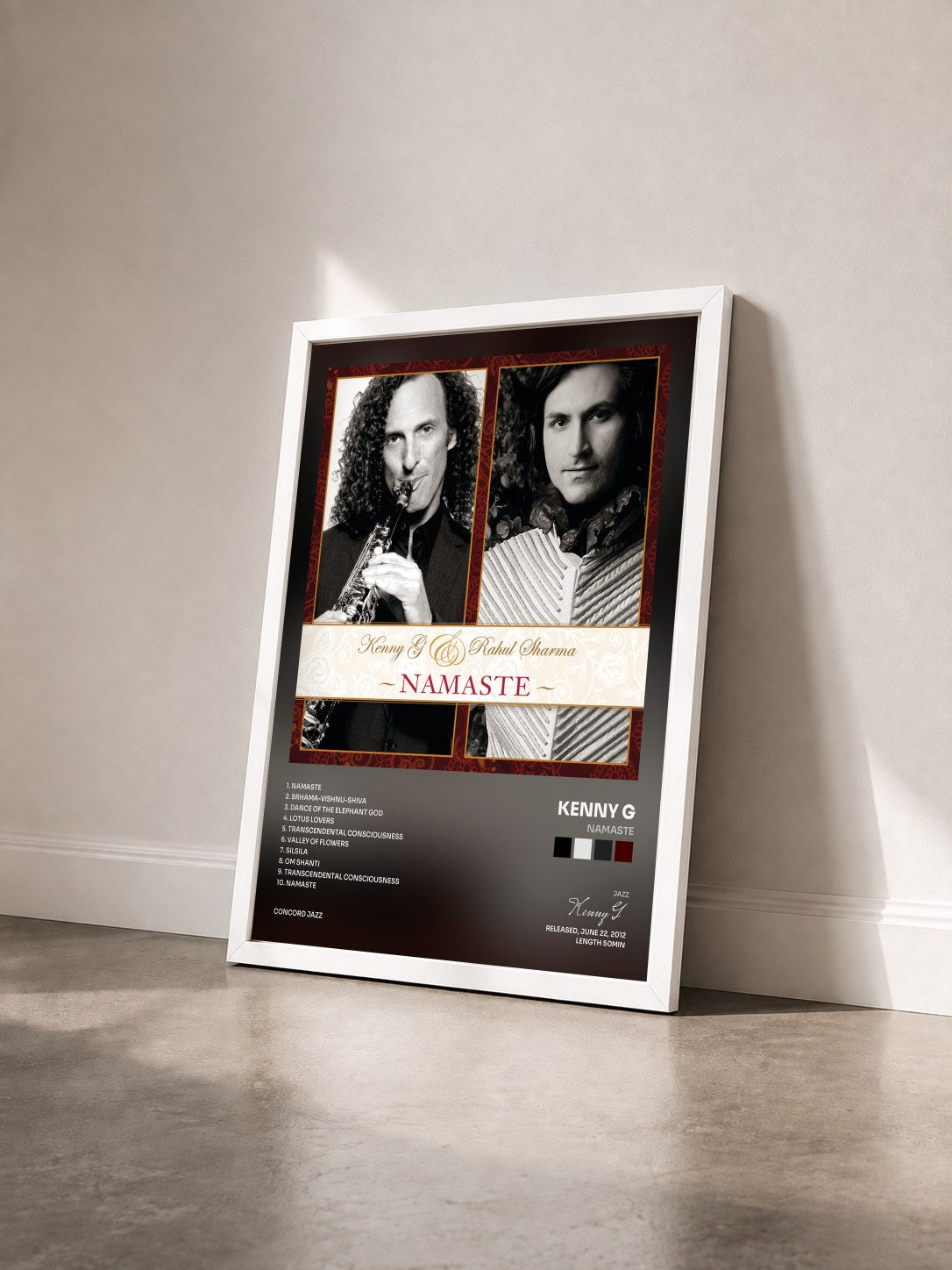 #blanc Tableau de l'album Namaste de Kenny G vu de trois quarts, cadre blanc