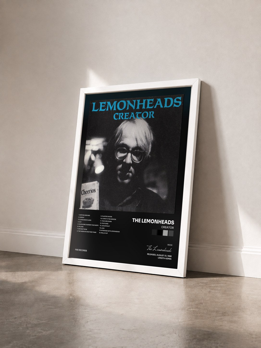 #blanc Tableau de l'album Creator de The Lemonheads vu de trois quarts, cadre blanc