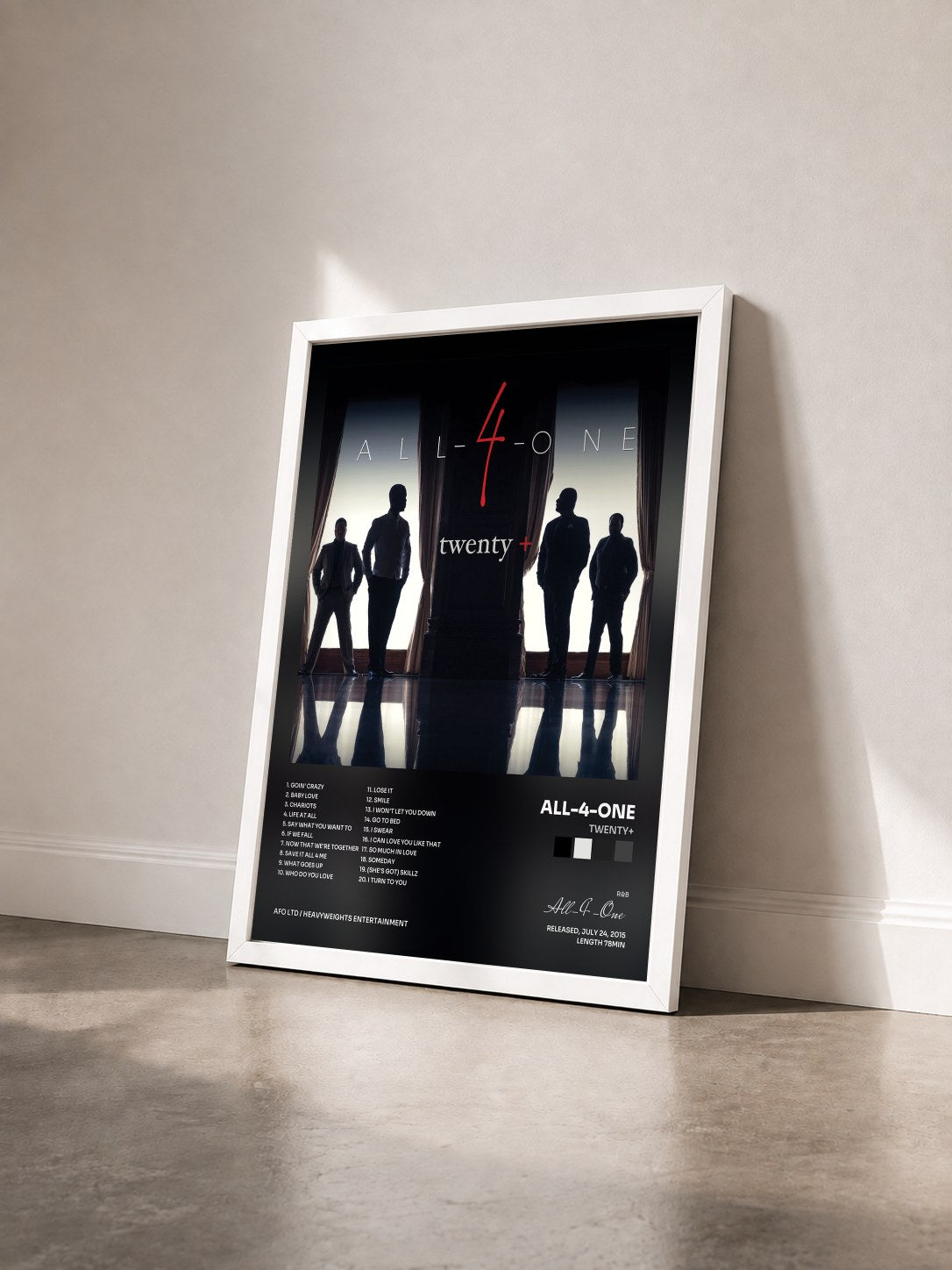 #blanc Tableau de l'album Twenty+ de All-4-One vu de trois quarts, cadre blanc