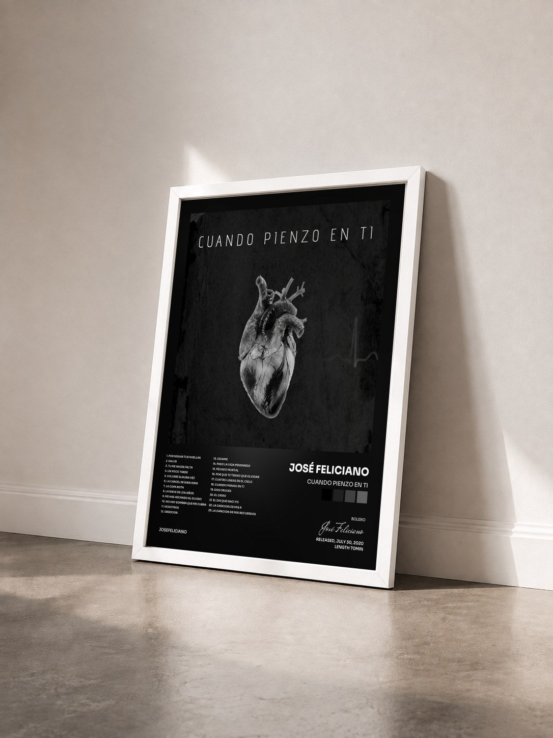 #blanc Tableau de l'album Cuando pienzo en ti de José Feliciano vu de trois quarts, cadre blanc