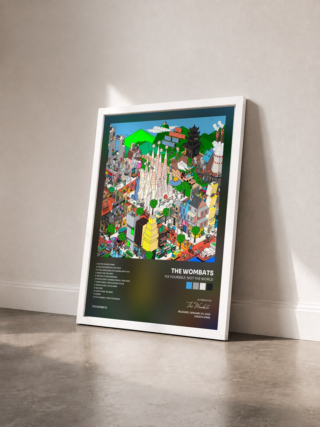 #blanc Tableau de l'album Fix Yourself, Not the World de The Wombats vu de trois quarts, cadre blanc