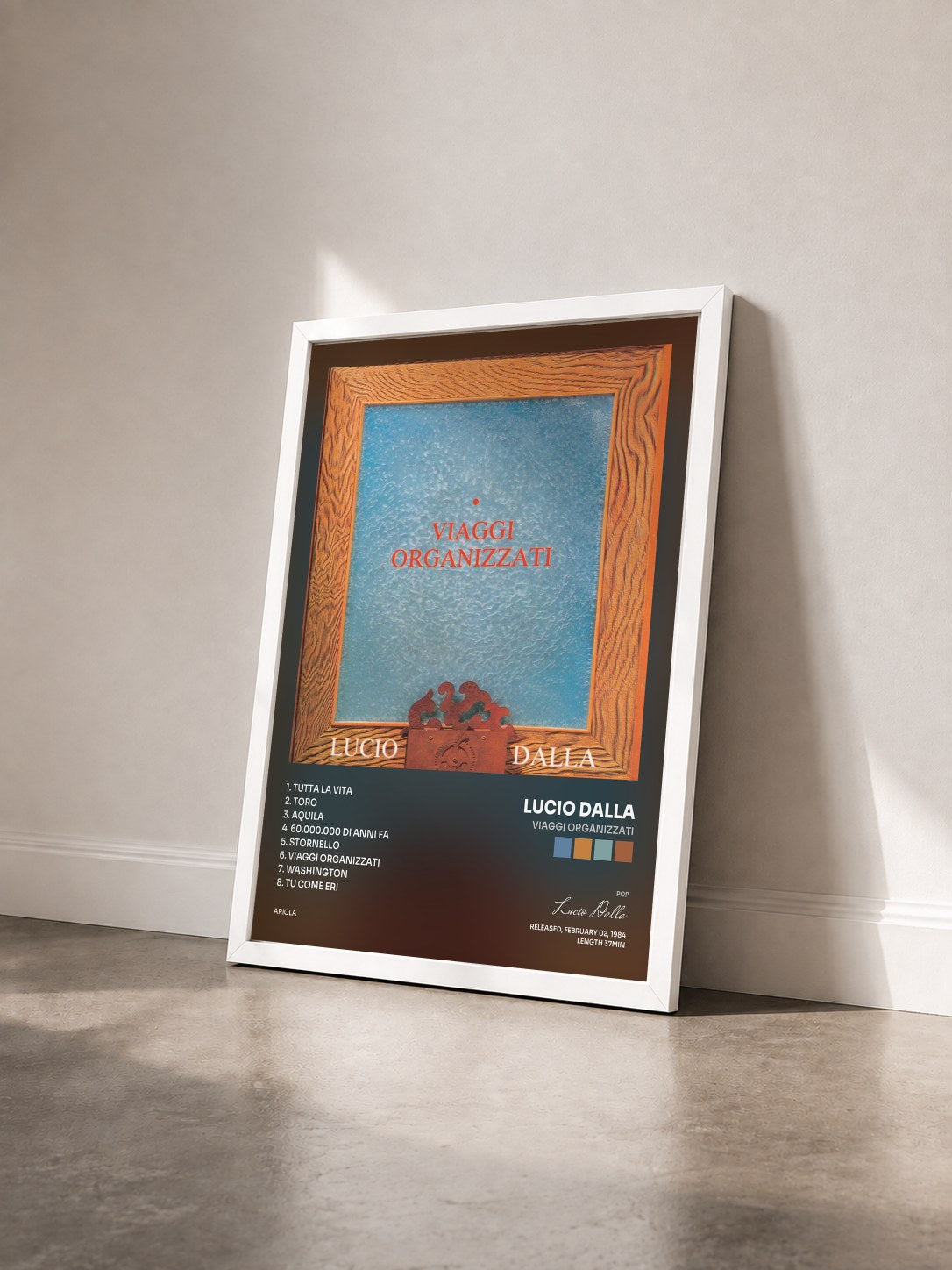 #blanc Tableau de l'album Viaggi Organizzati de Lucio Dalla vu de trois quarts, cadre blanc