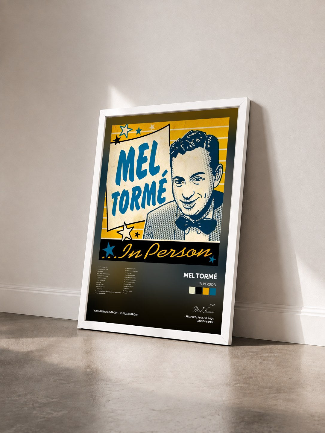 #blanc Tableau de l'album In Person de Mel Tormé vu de trois quarts, cadre blanc