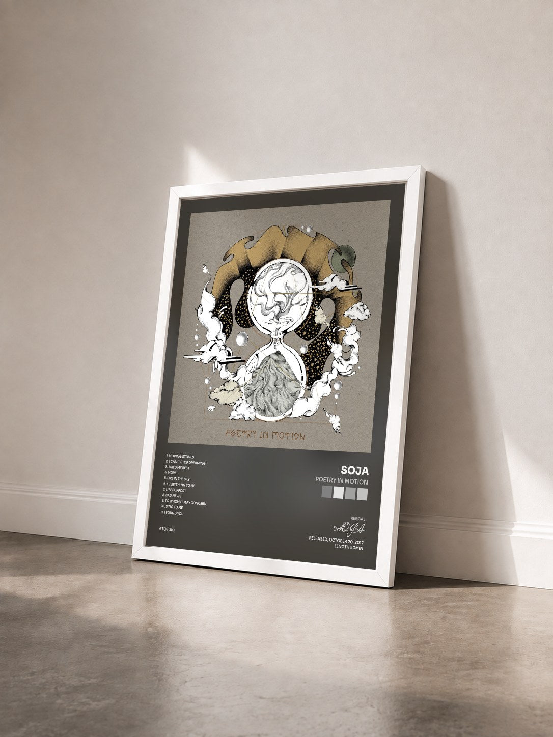 #blanc Tableau de l'album Poetry in Motion de SOJA vu de trois quarts, cadre blanc