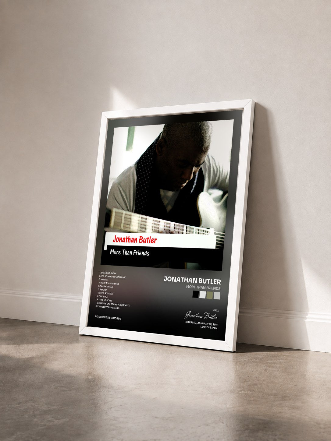 #blanc Tableau de l'album More Than Friends de Jonathan Butler vu de trois quarts, cadre blanc