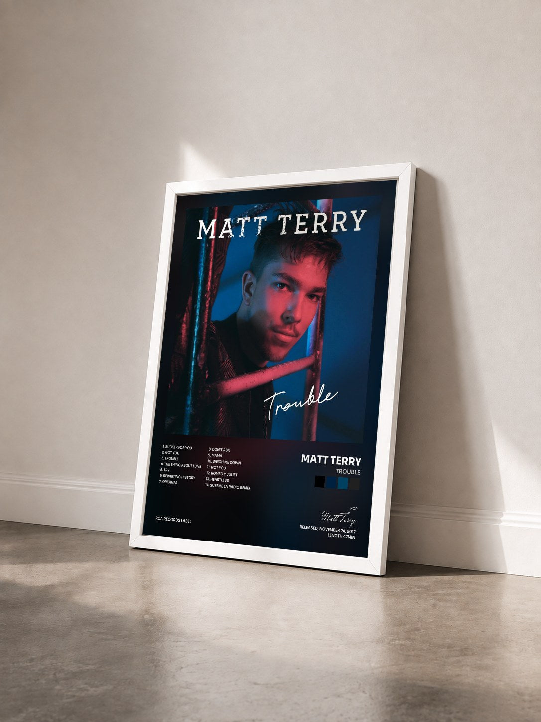 #blanc Tableau de l'album Trouble de Matt Terry vu de trois quarts, cadre blanc