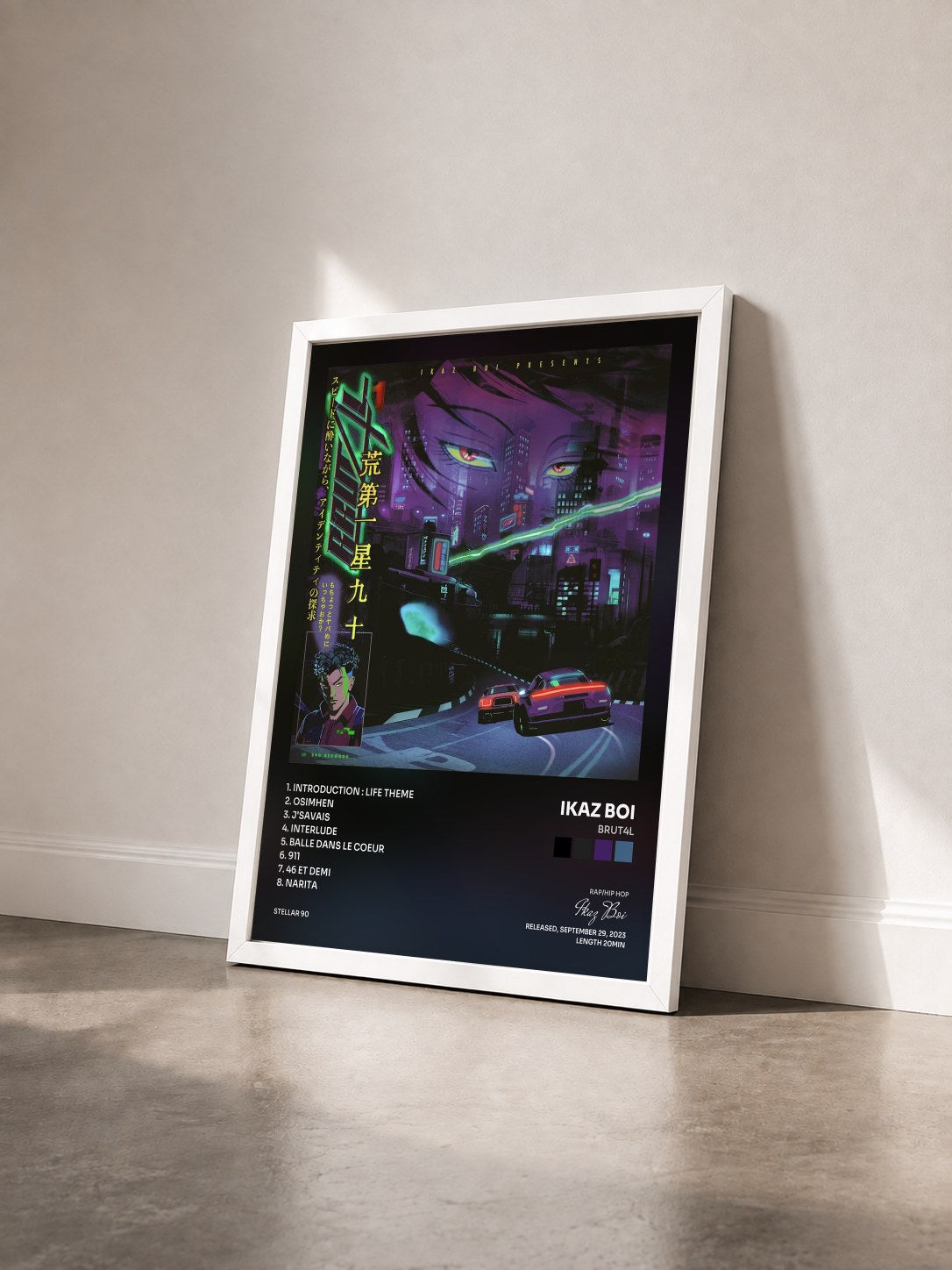 #blanc Tableau de l'album BRUT4L de Ikaz Boi vu de trois quarts, cadre blanc