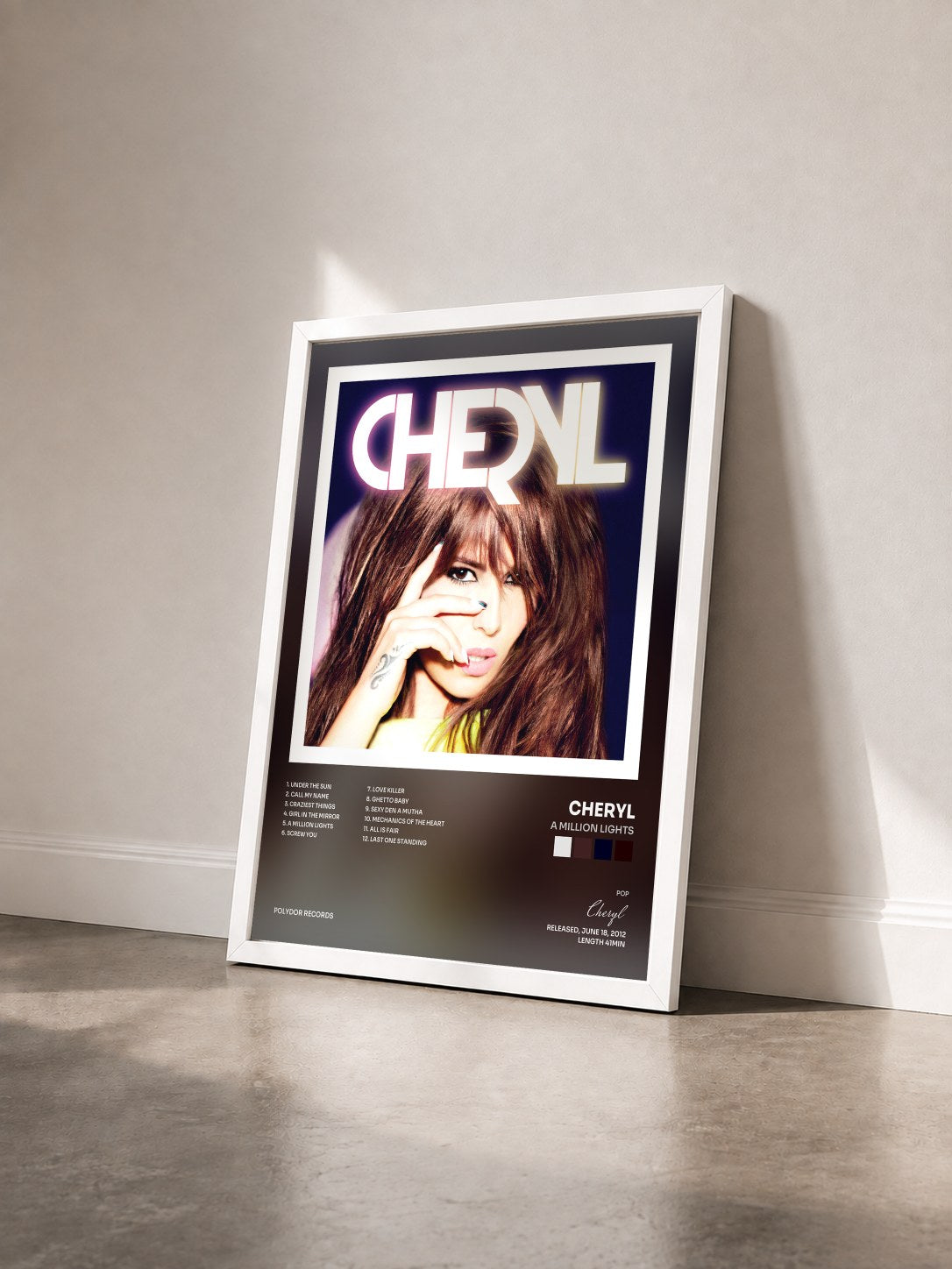 #blanc Tableau de l'album A Million Lights de Cheryl vu de trois quarts, cadre blanc