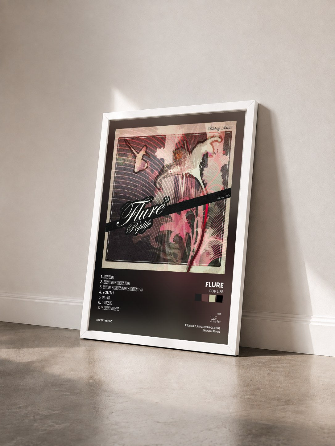 #blanc Tableau de l'album Pop Life de Flure vu de trois quarts, cadre blanc