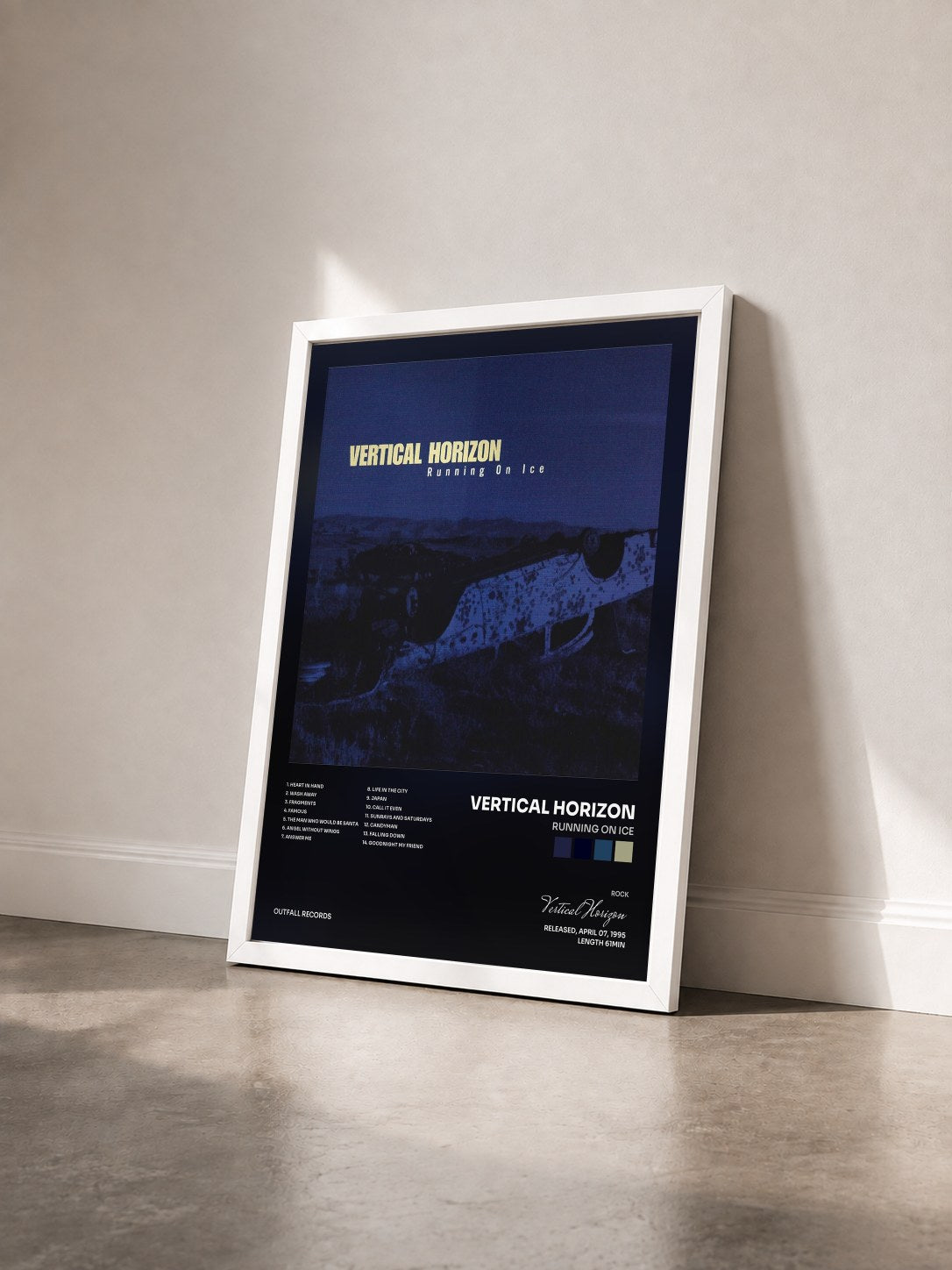 #blanc Tableau de l'album Running on Ice de Vertical Horizon vu de trois quarts, cadre blanc