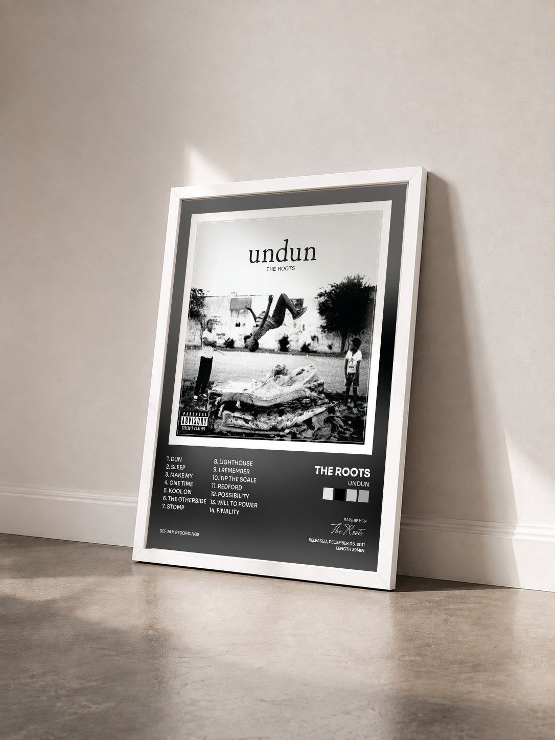 #blanc Tableau de l'album Undun de The Roots vu de trois quarts, cadre blanc