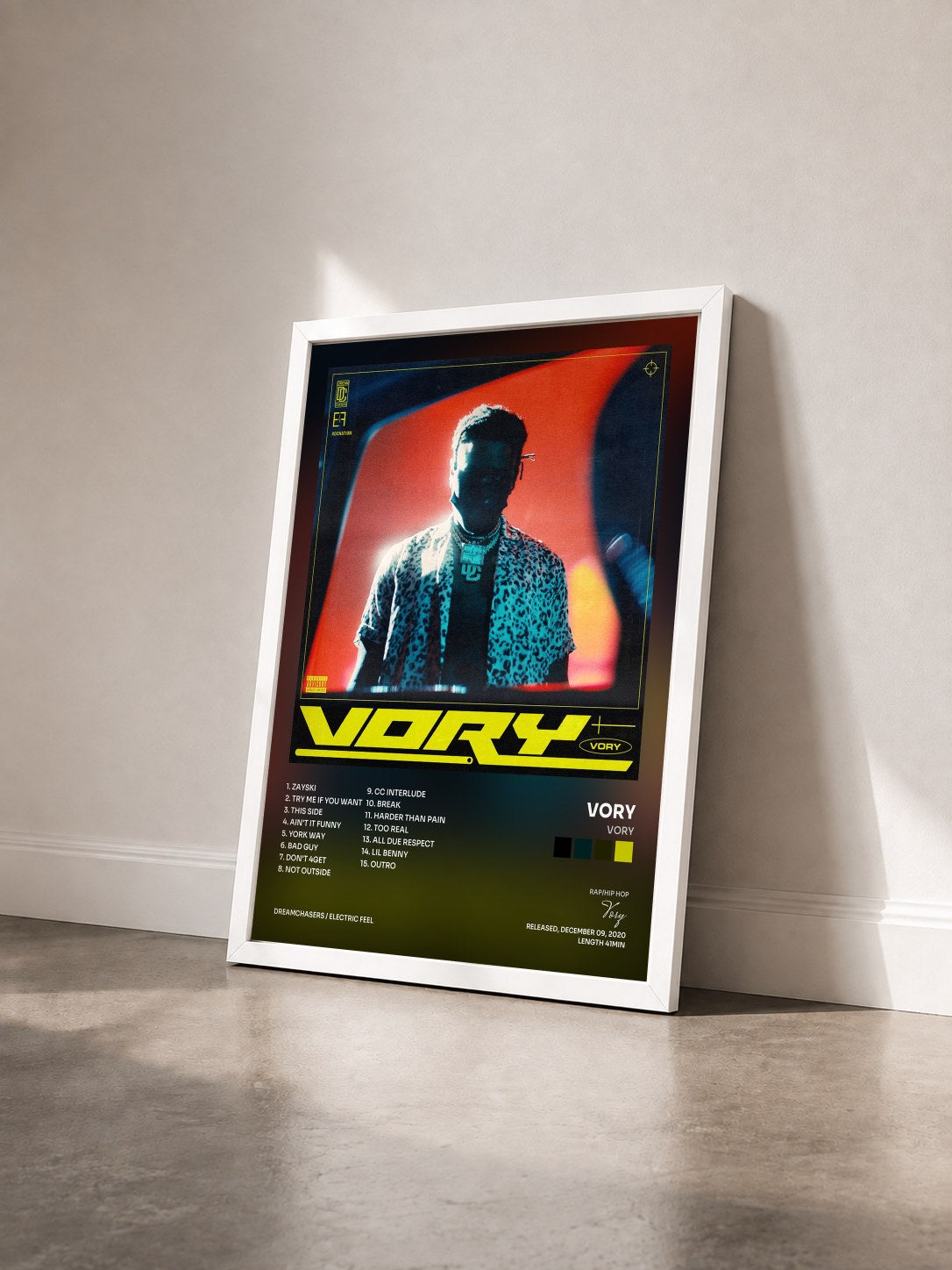#blanc Tableau de l'album VORY de Vory vu de trois quarts, cadre blanc