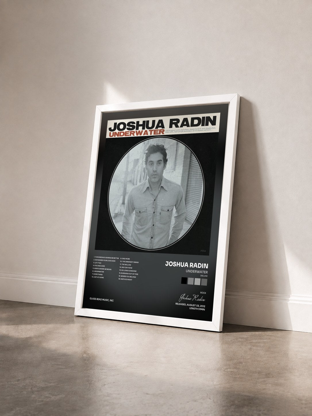 #blanc Tableau de l'album Underwater (Deluxe) de Joshua Radin vu de trois quarts, cadre blanc