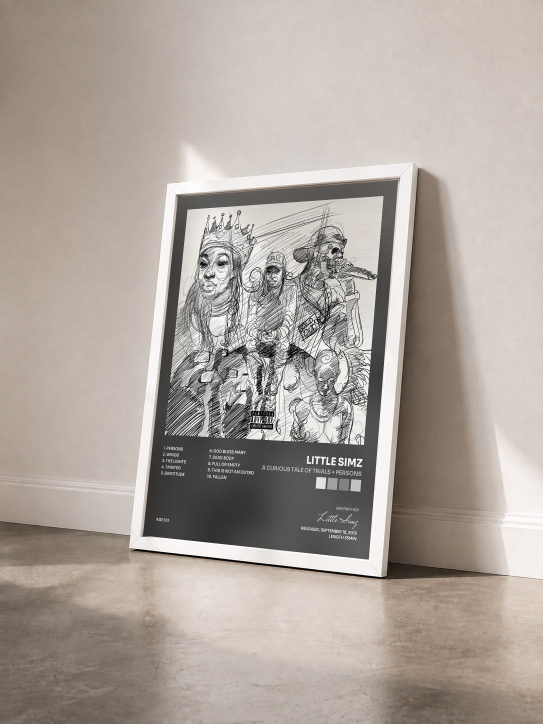 #blanc Tableau de l'album A Curious Tale of Trials + Persons de Little Simz vu de trois quarts, cadre blanc