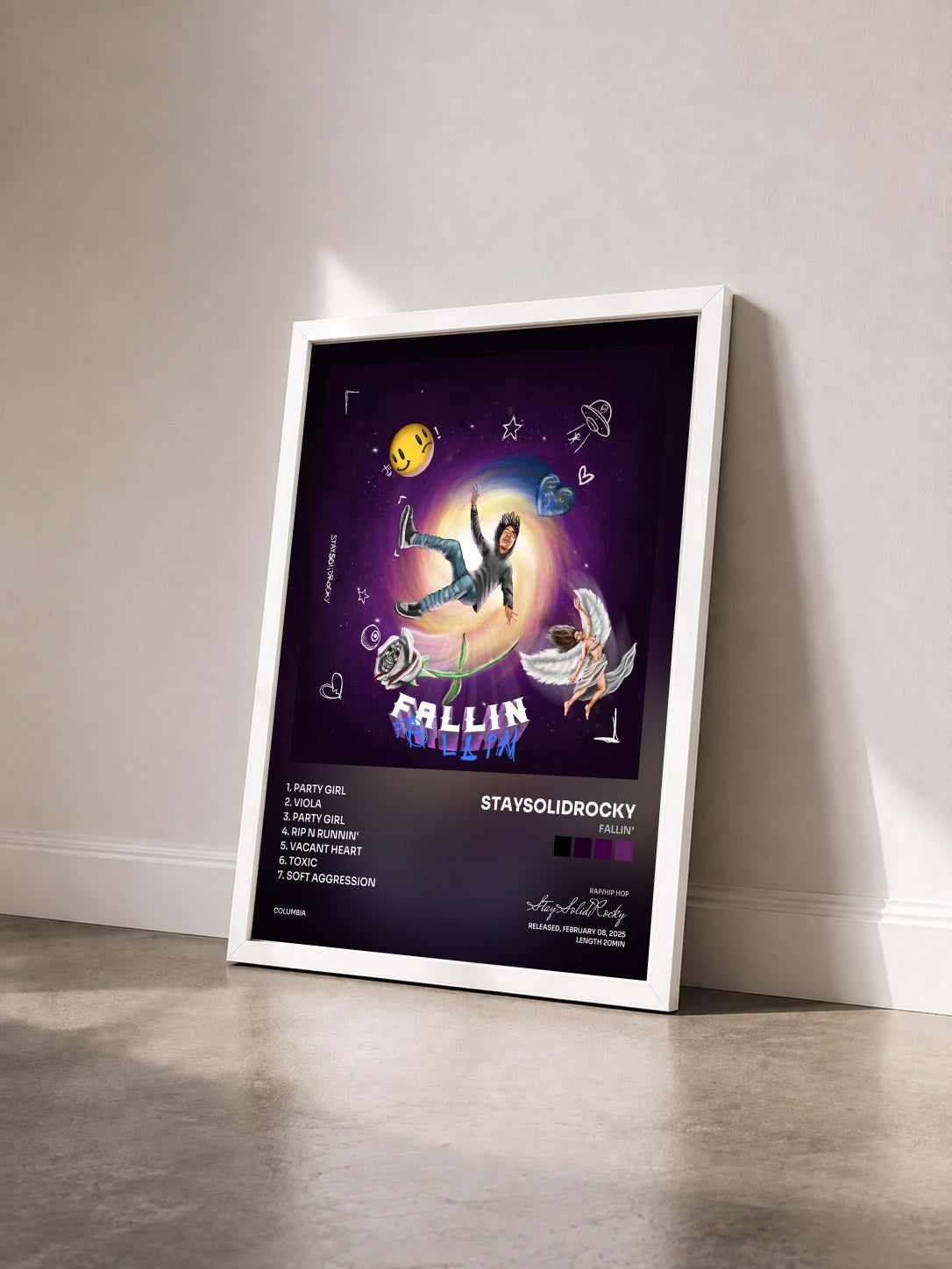 #blanc Tableau de l'album Fallin' de StaySolidRocky vu de trois quarts, cadre blanc