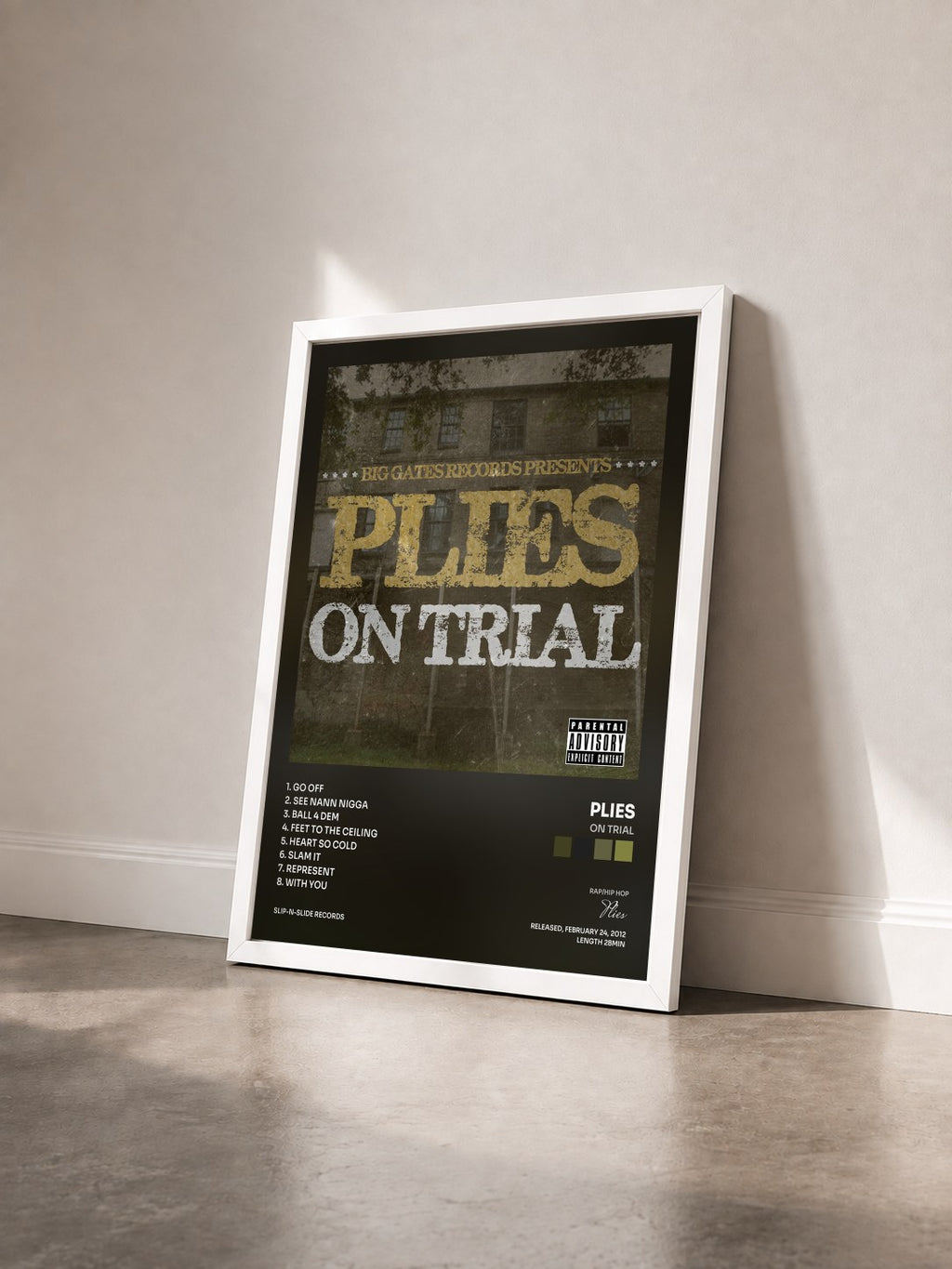 #blanc Tableau de l'album On Trial de Plies vu de trois quarts, cadre blanc