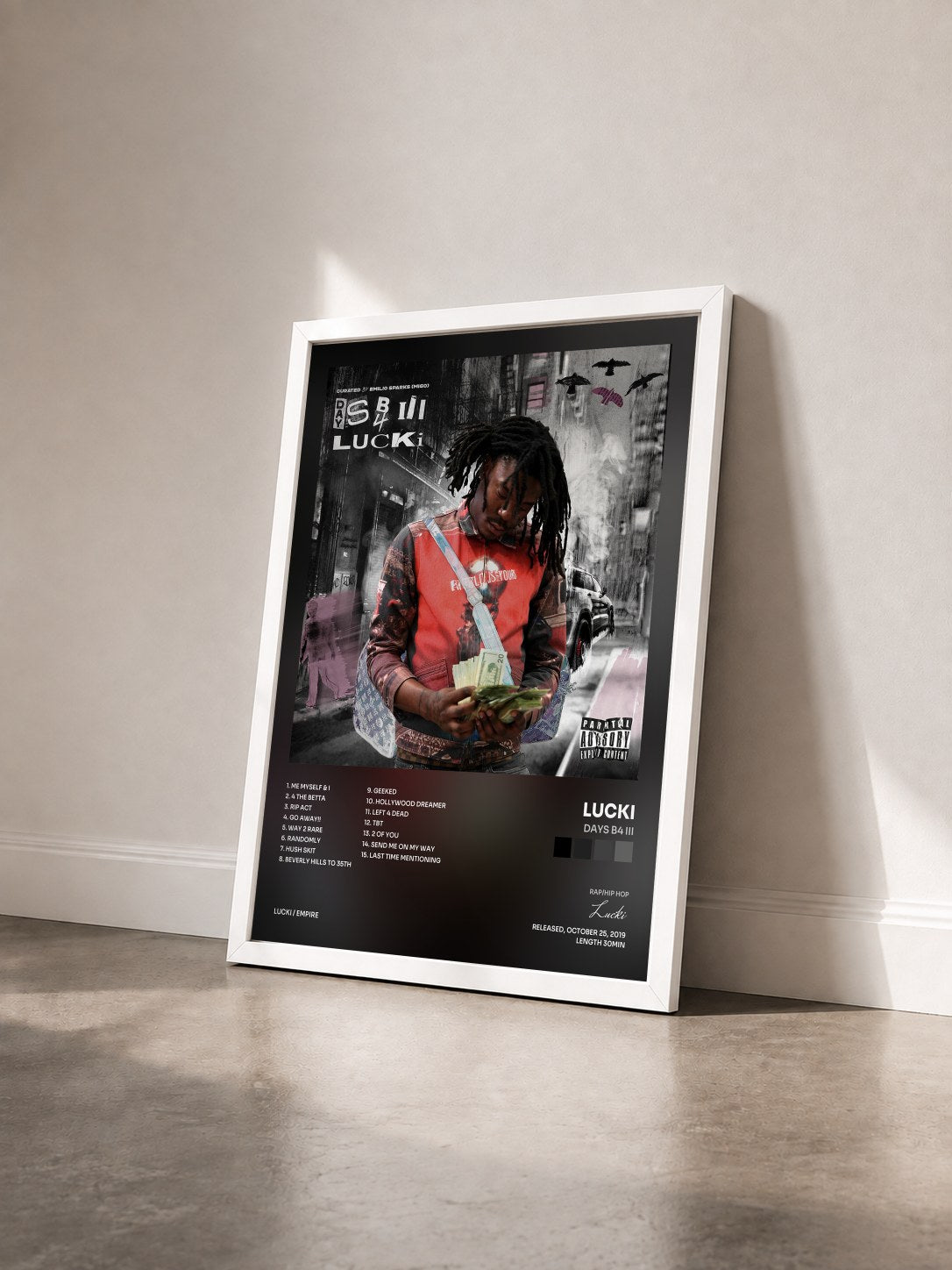 #blanc Tableau de l'album Days B4 III de Lucki vu de trois quarts, cadre blanc