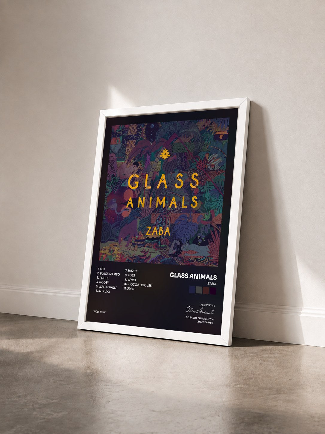 #blanc Tableau de l'album ZABA de Glass Animals vu de trois quarts, cadre blanc