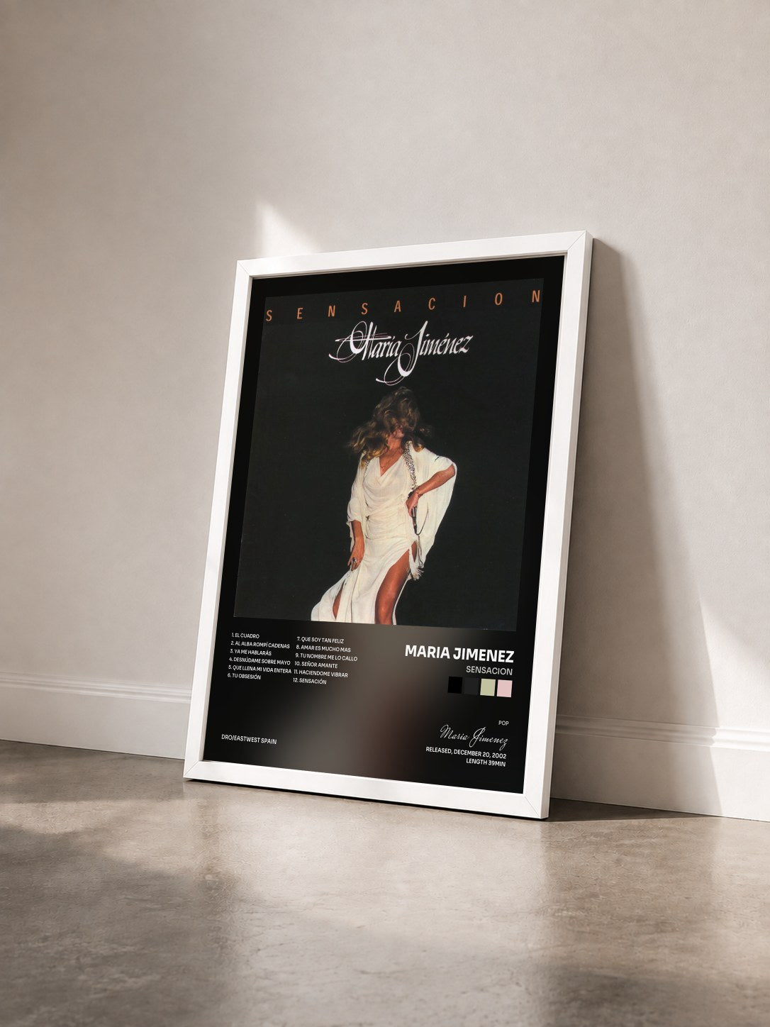 #blanc Tableau de l'album Sensacion de Maria Jimenez vu de trois quarts, cadre blanc
