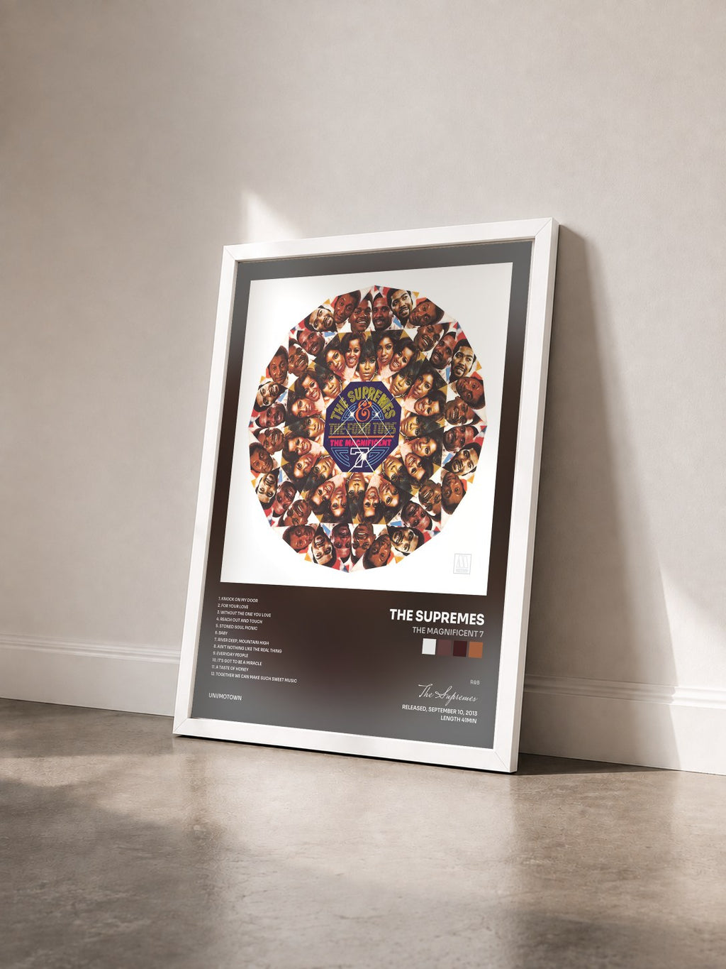 #blanc The Magnificent 7 by The Supremes as a framed art print seen at an angle, white frame