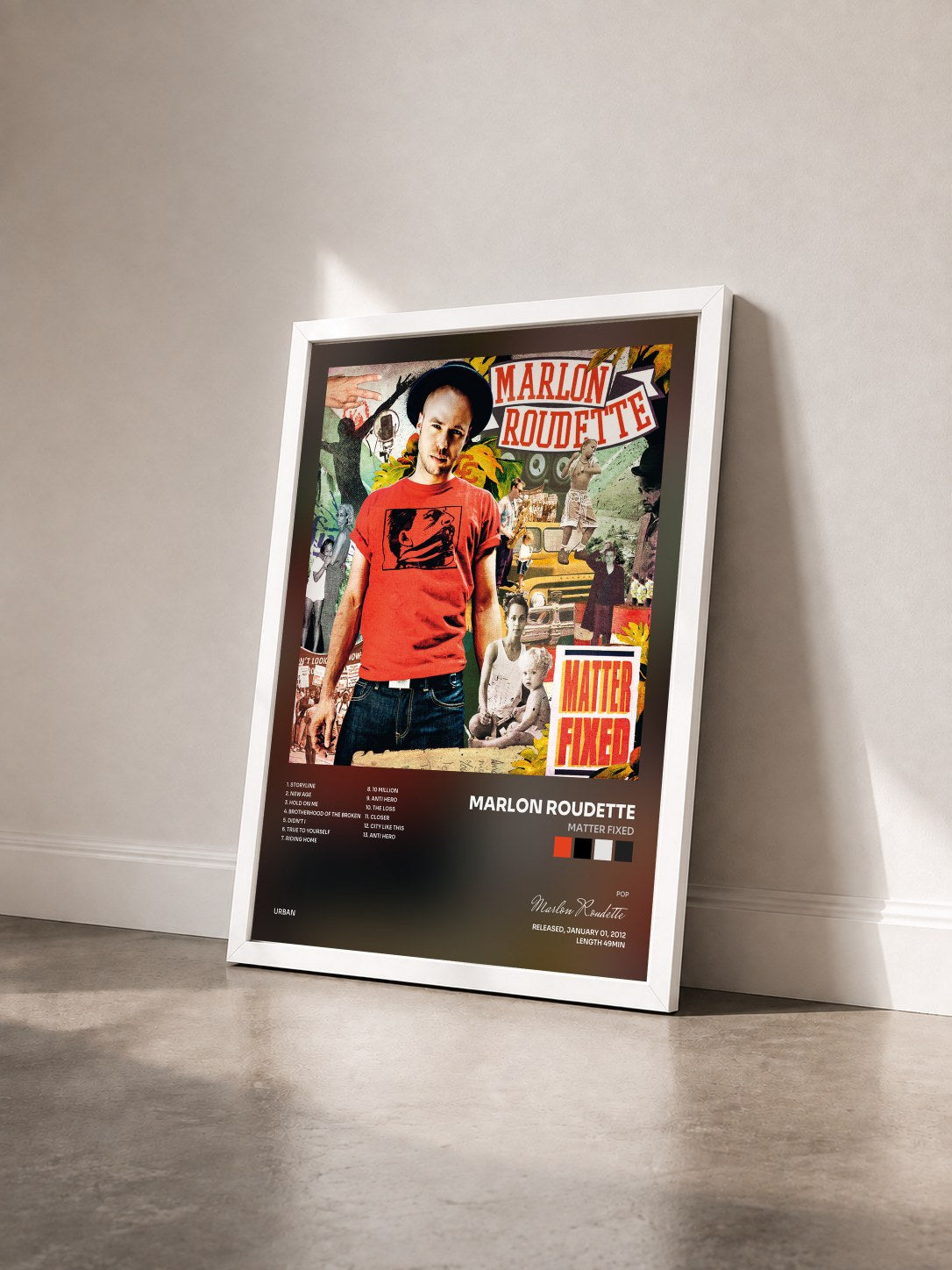 #blanc Tableau de l'album Matter Fixed de Marlon Roudette vu de trois quarts, cadre blanc