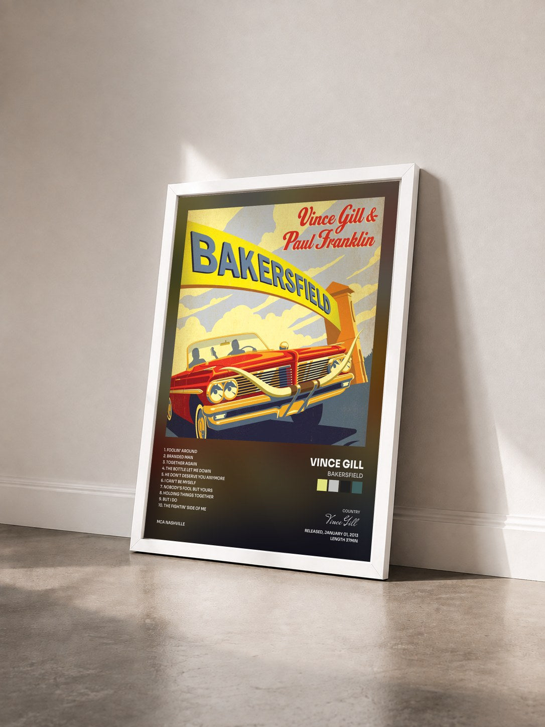 #blanc Tableau de l'album Bakersfield de Vince Gill vu de trois quarts, cadre blanc